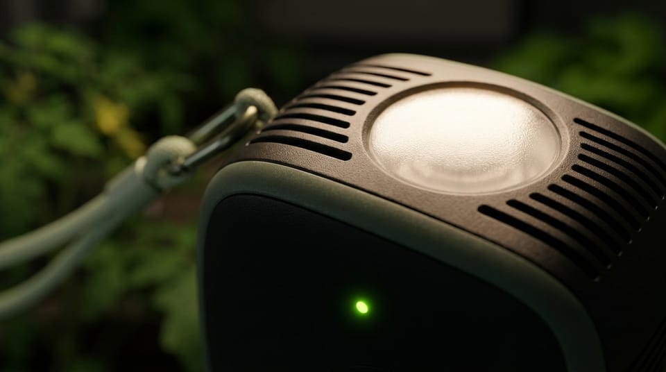 Close-up of the Growboxit hub: the round light-sensor window on top, the ventilation grilles and the green status light