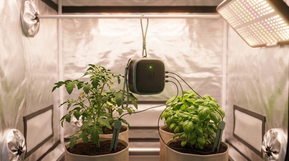 Growboxit hanging from the frame of a grow tent under an LED lamp, with probes in a tomato pot and a basil pot